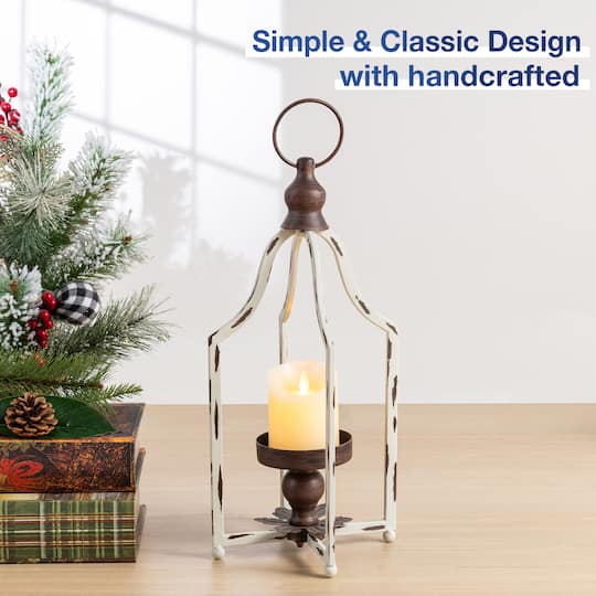 Glitzhome® 16.5" Modern Farmhouse White & Brown Metal Candle Lanterns,2ct.